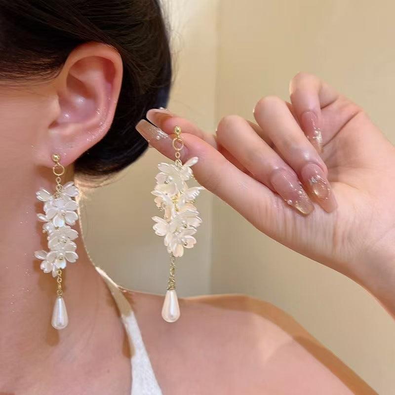 White Flower Pearl Drop Earrings
