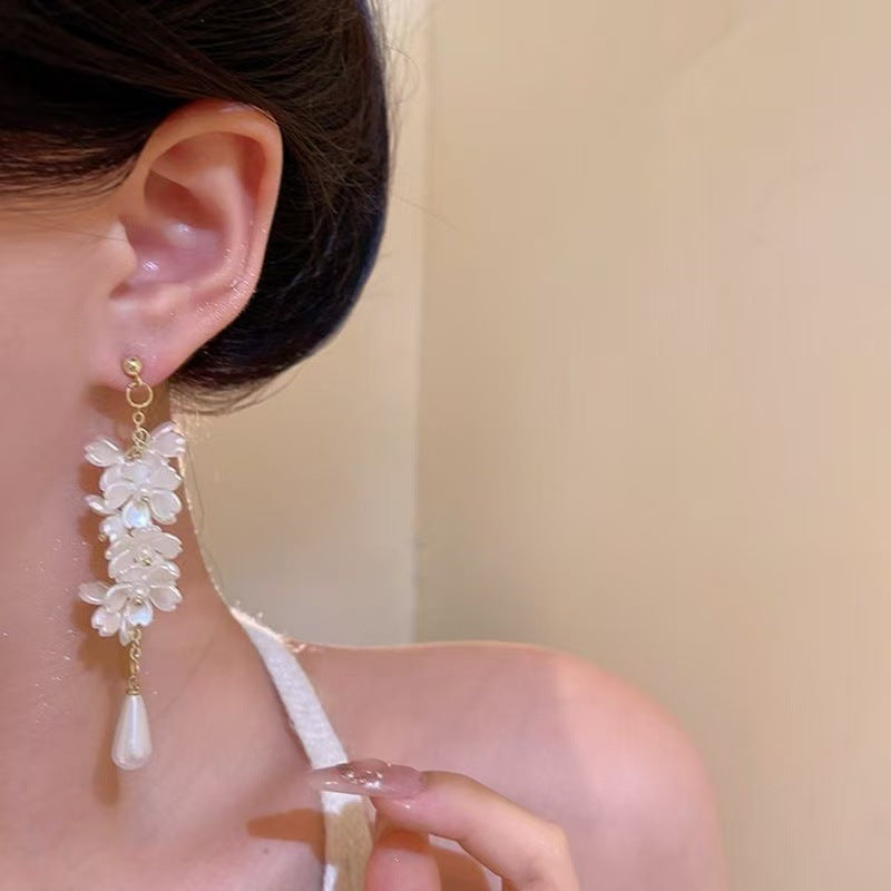 White Flower Pearl Drop Earrings