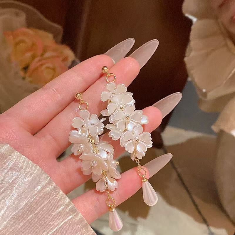 White Flower Pearl Drop Earrings