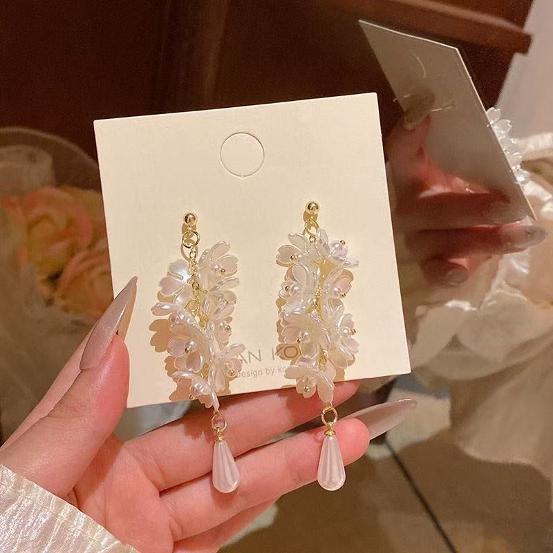 White Flower Pearl Drop Earrings