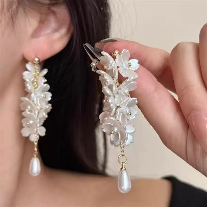 White Flower Pearl Drop Earrings